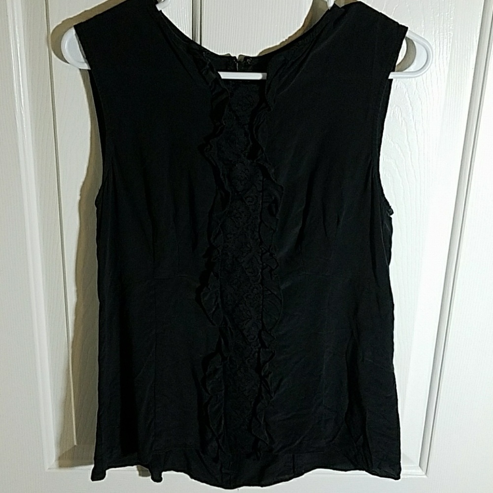 Silk sleeveless tank top with lace & ruffle detail